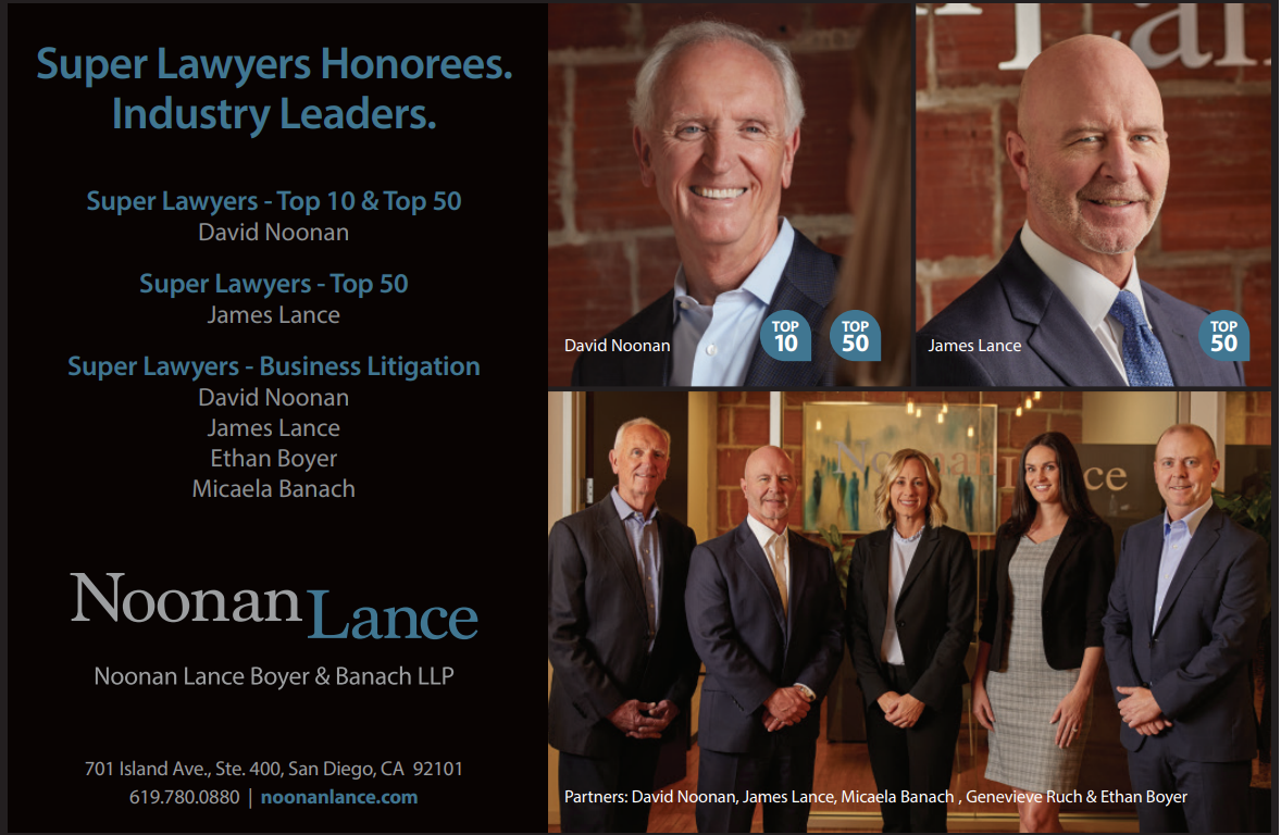 NoonanLance attorneys receive high ranking on 2022 San Diego Super Lawyers list.